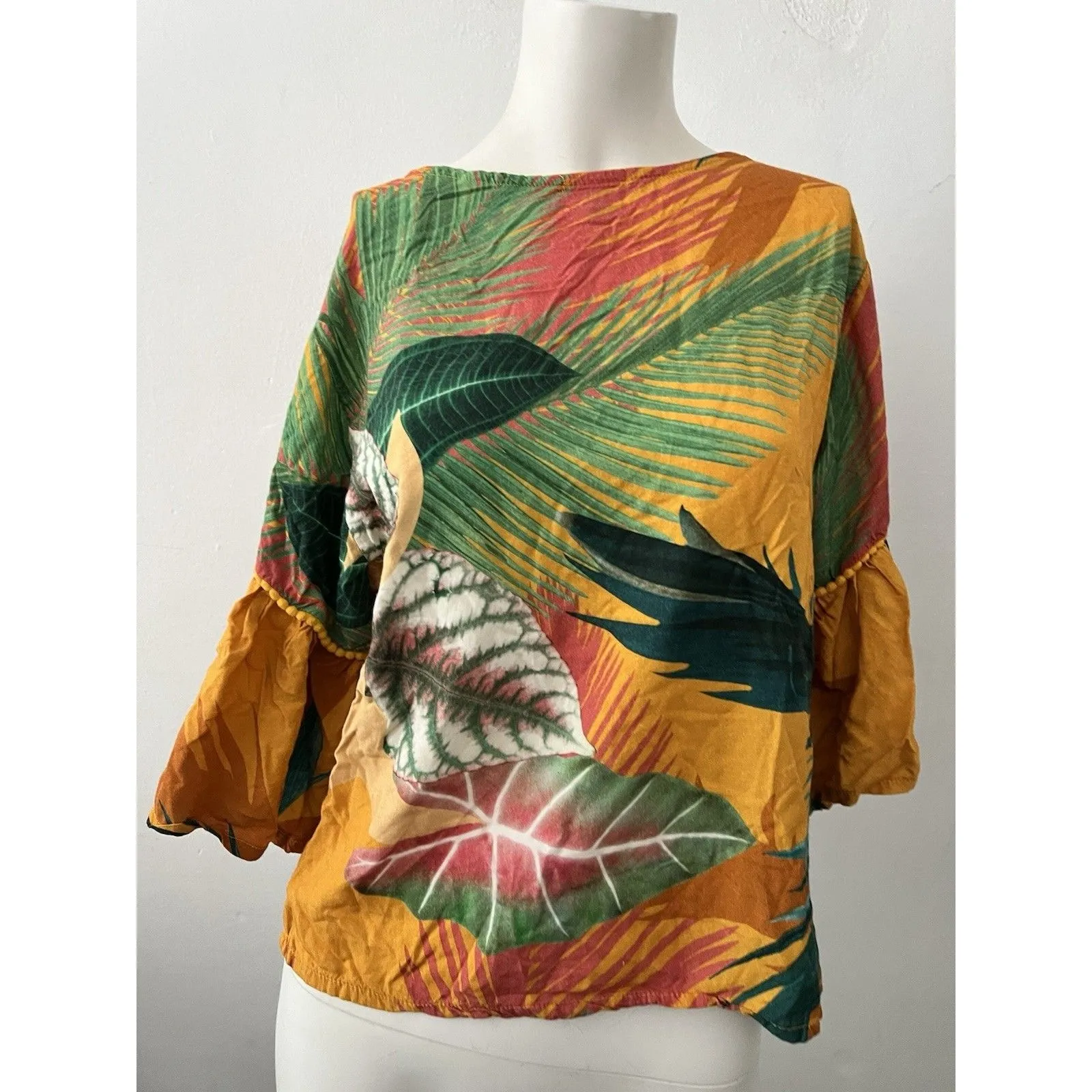 Womens Tropical Flared Sleeves Tunic Small Pom Pom Resort Flower Beach Brazil Yellow - Image 3