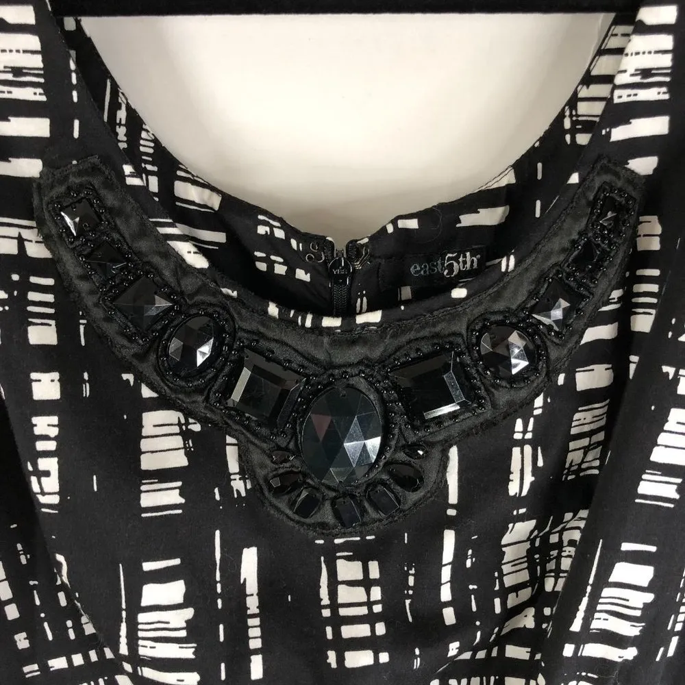 East 5th Womens Fit & Flare Dress Abstract Sleeveless Rhinestones Black White 10 - Image 2