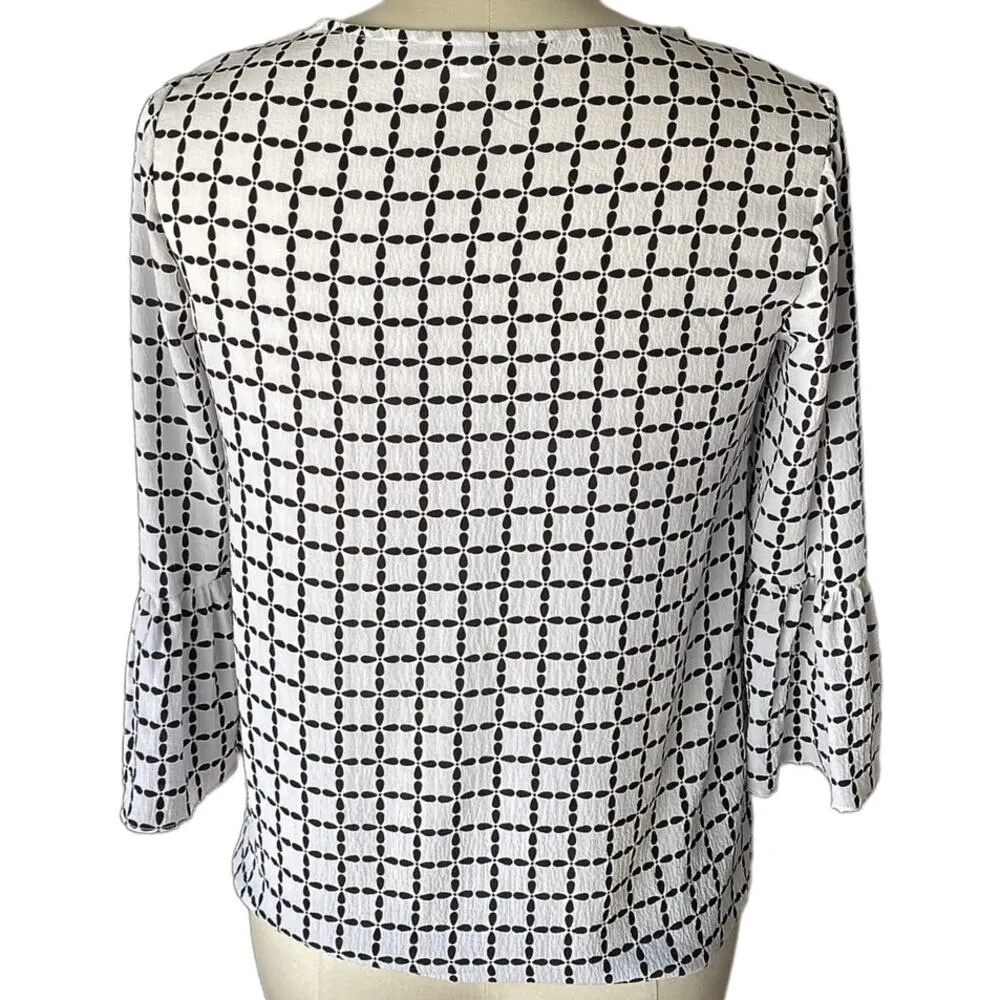 ELLE Women's Black & White Print Blouse ~ Flare Sleeves ~ SMALL - Image 3