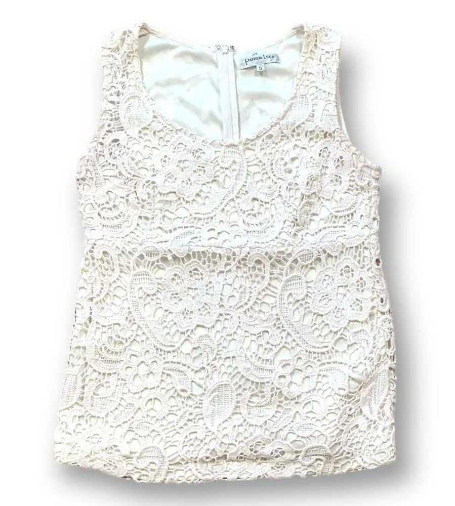 Patrizia Luca Top Cream Crochet Flower Detail Lace Sleeveless Scoopneck Tank - Image 2