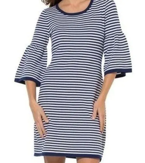 Sail To Sable Bell Sleeve Sailor Midi Dress Knit Pullover Boho Chic Navy, Size S - Image 1
