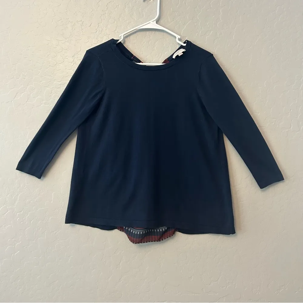 Ann Taylor LOFT navy sweater with striped sheer back panel and bow size medium - Image 3