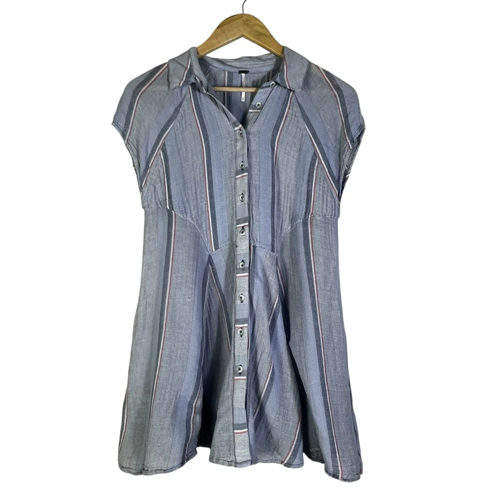 Free People New Spring Love Tunic Top Womens S Blue Striped Button Front Beachy - Image 3