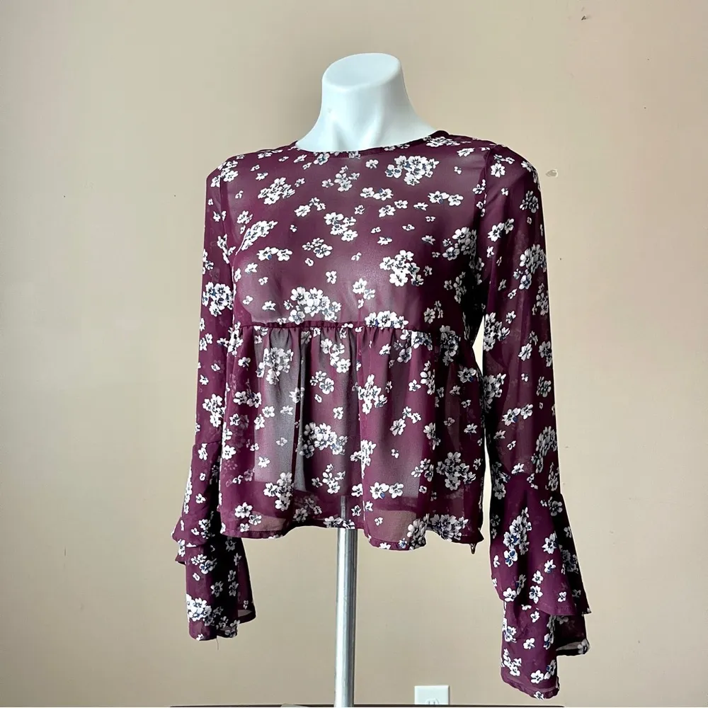 AEROPOSTALE Burgundy Floral Long Bell Sleeve Floral Empire-Waist Sheer Top Sz S - Image 3