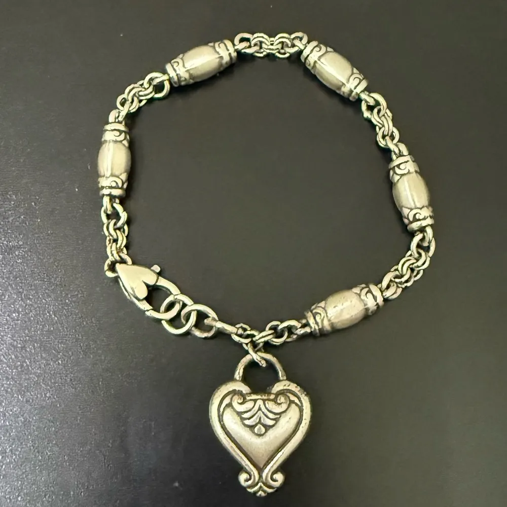 Retired BRIGHTON Blair Heart Barrel Link Chain Silverplated Heart Charm Bracelet - Image 4
