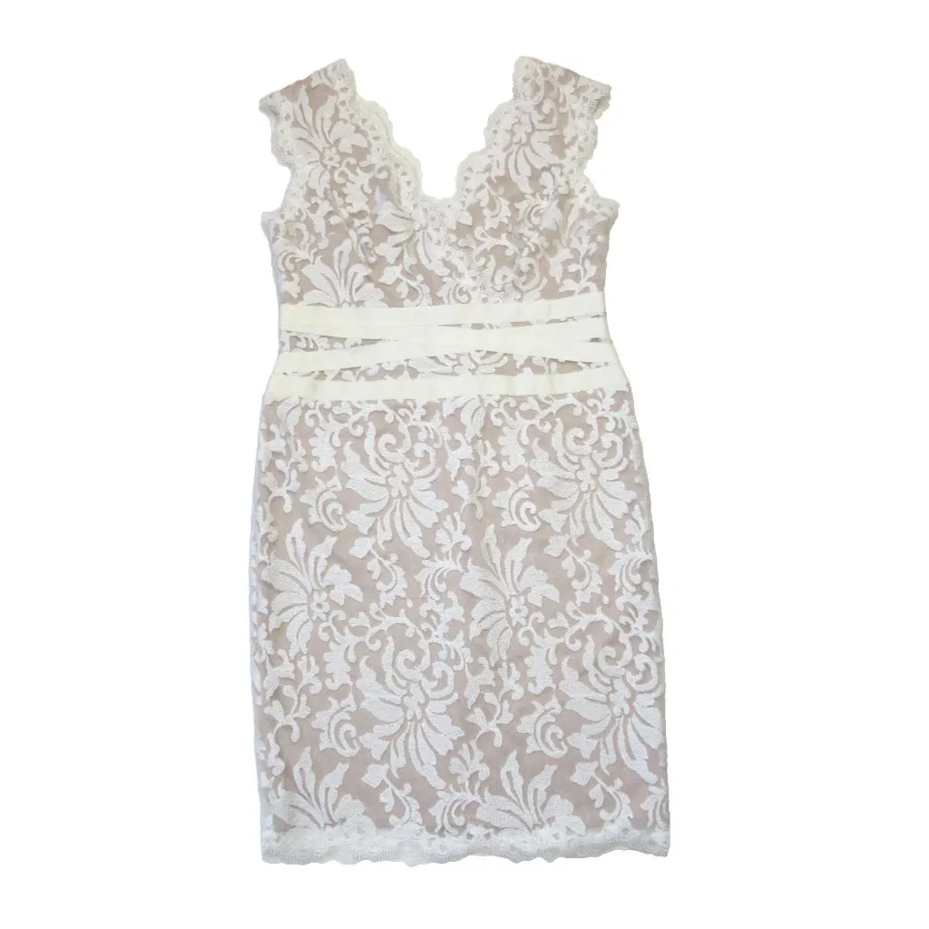 NWT TADASHI SHOJI Embroidered Lace V-neck Sheath in Ivory Nude Dress 12P - Image 3