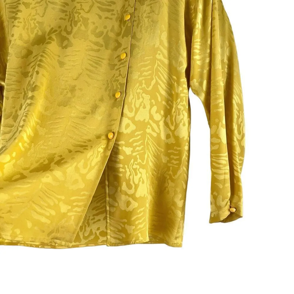 Vintage Nina Ricci 100% Silk Jacquard Long‎ Sleeve Blouse in Yellow, Size 8 Yellow - Image 7