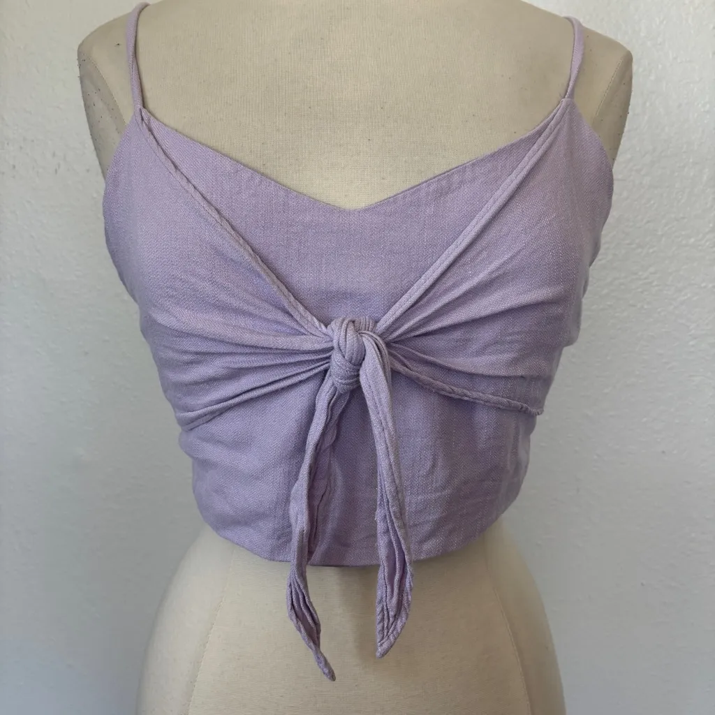 Solid Pastel Purple Tie-Front Sleeveless Smocked Crop Top - Image 2