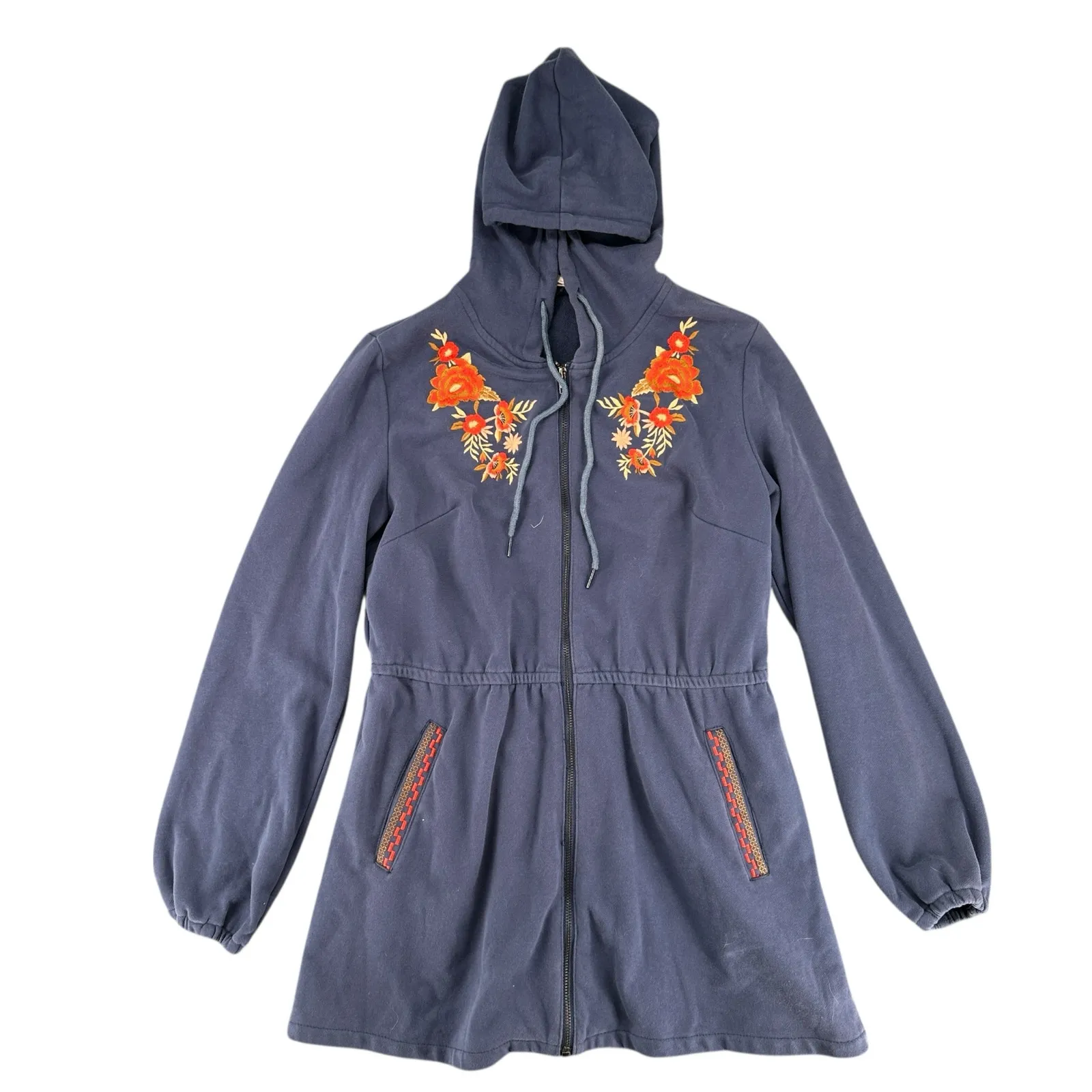 Solitaire Embroidered Boho Full Zip Tunic Hooded Sweatshirt Blue Large - Image 2
