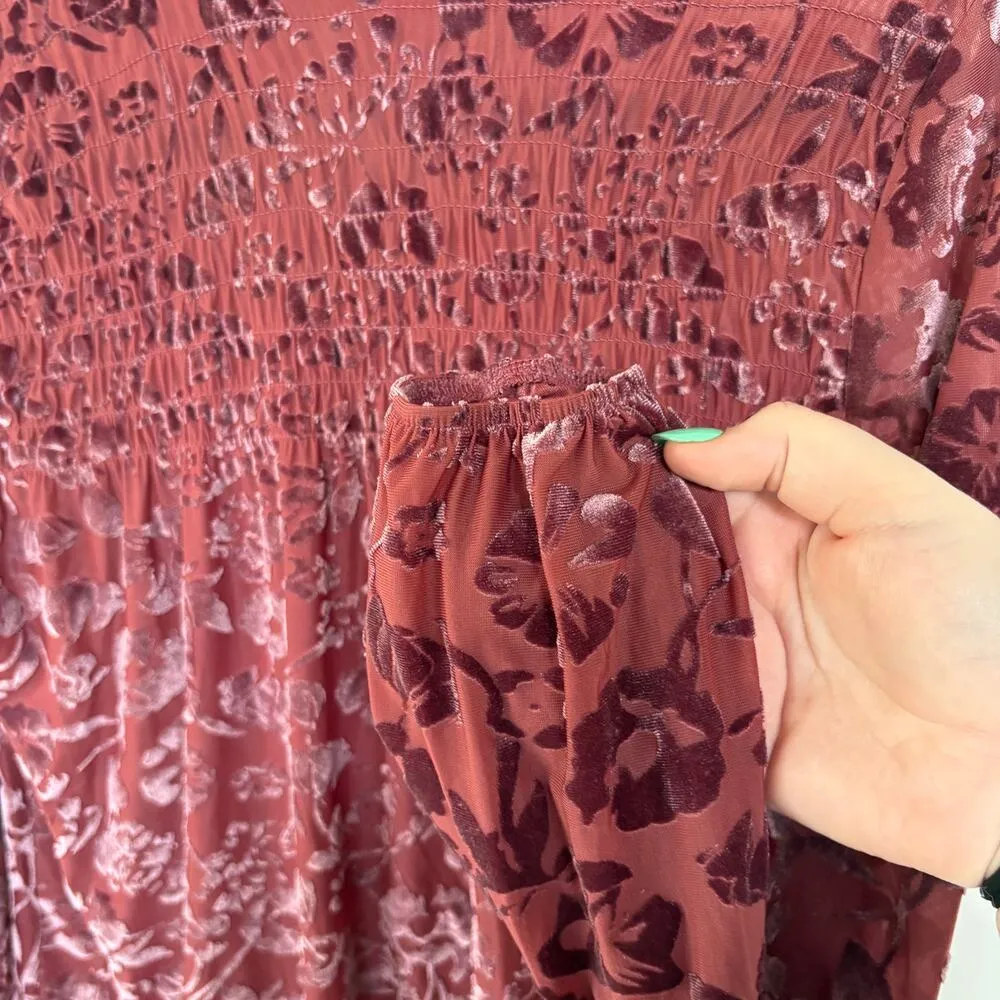 Rose Pink Velvet Burnout High Neck Victorian Smocked Modest Career Blouse Small - Image 6