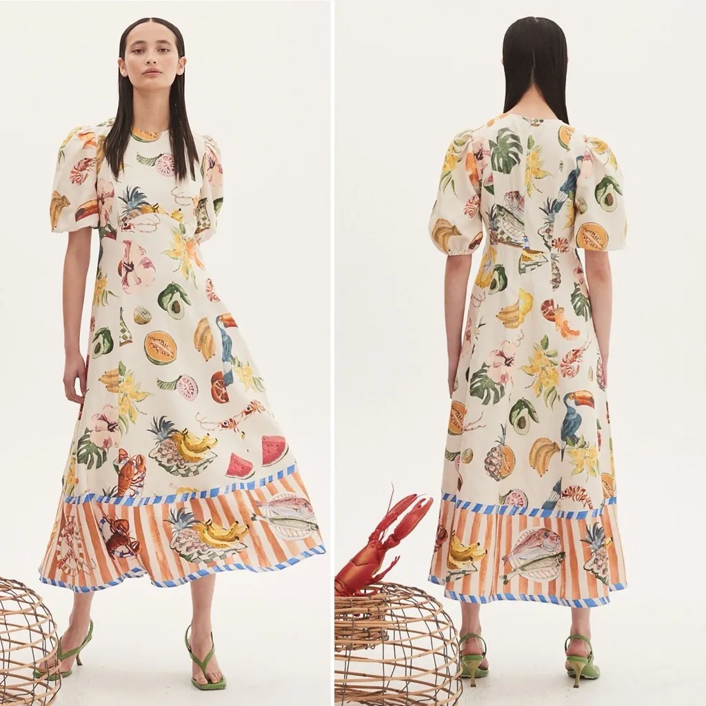 Alemais Theo Midi Dress Tropical Print Linen Cotton Puff Sleeve Size 0 NWT White - Image 16