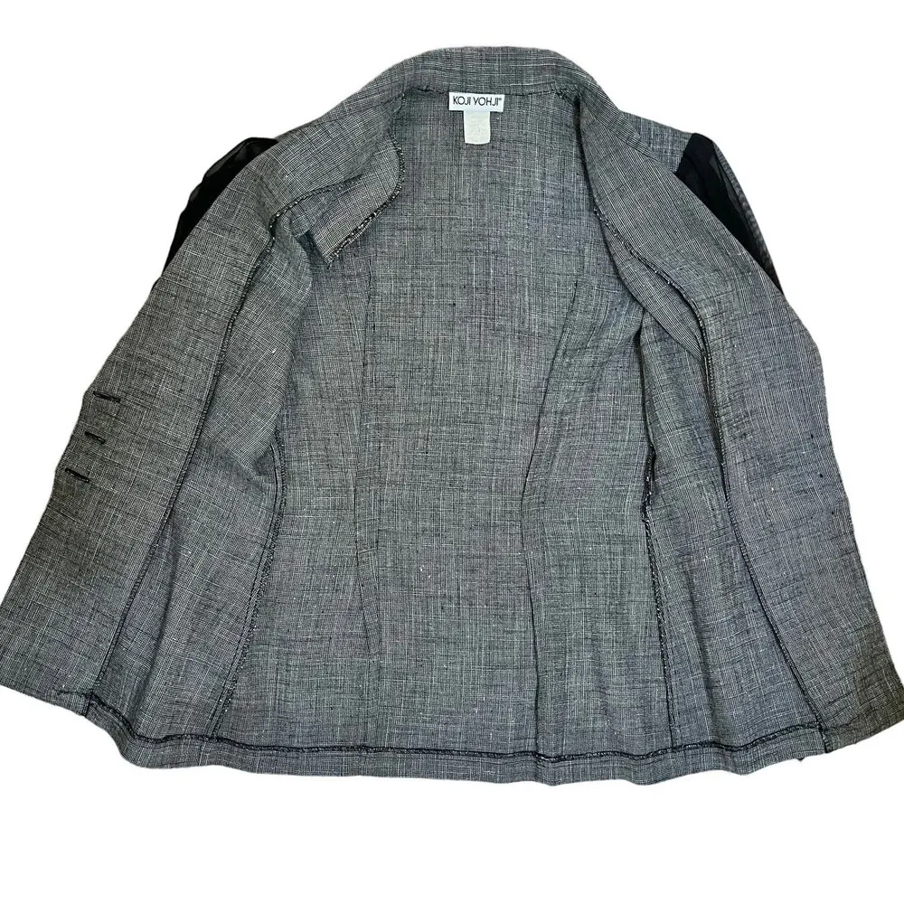 Vintage  Gray Faux-Tweed Blazer with Black Chiffon Puff Sleeves - Image 6