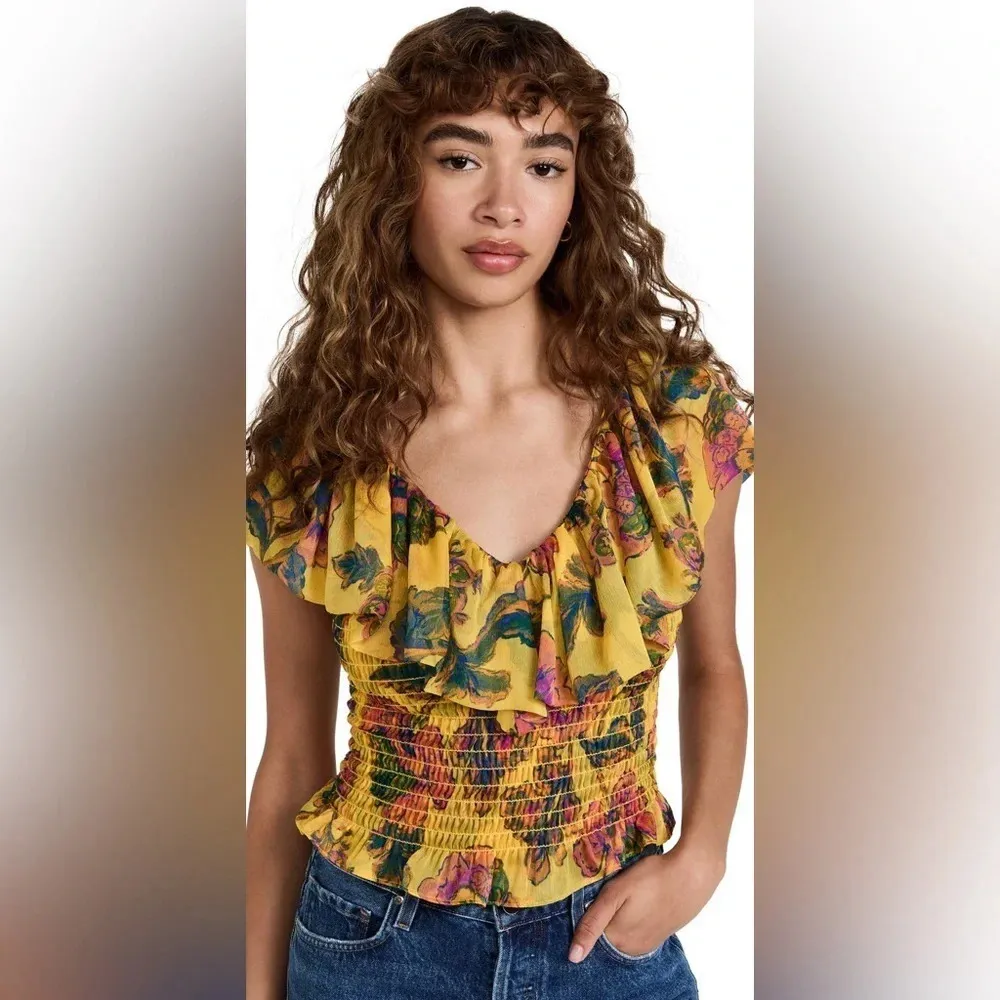 NWT MISA Los Angeles Cara Floral-Print Ruffle Smocked Top in Grand Canary Yellow - Image 2