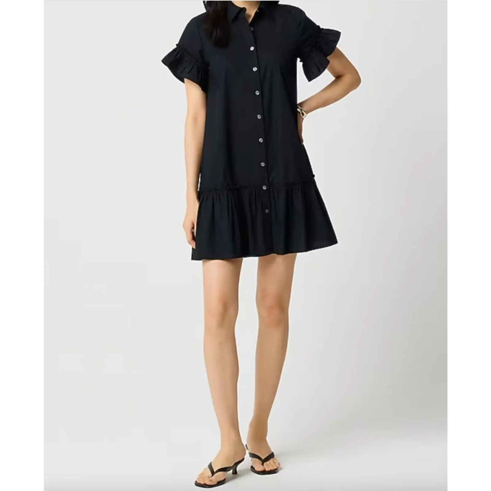 J.Crew Ruffle Sleeve Mini Shirt Dress Cotton Pockets Classic Black US 6 NWT - Image 2