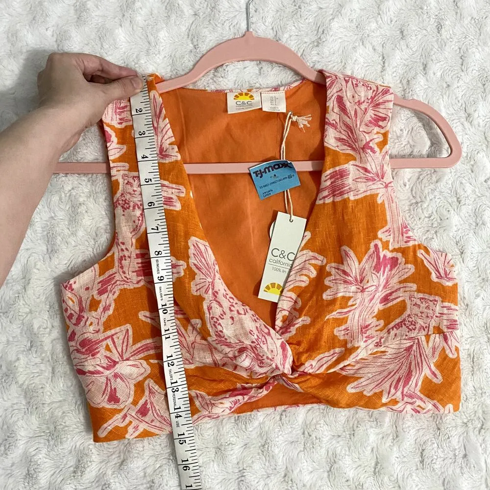 NEW C&C California Orange Pink Tropical Linen Sleeveless Twisted Crop Top S - Image 5
