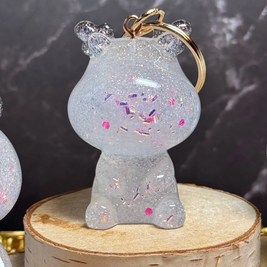 Glittery Resin Animal Keychains, Rabbit, Deer, Bear with pink glitter, gold - Image 5