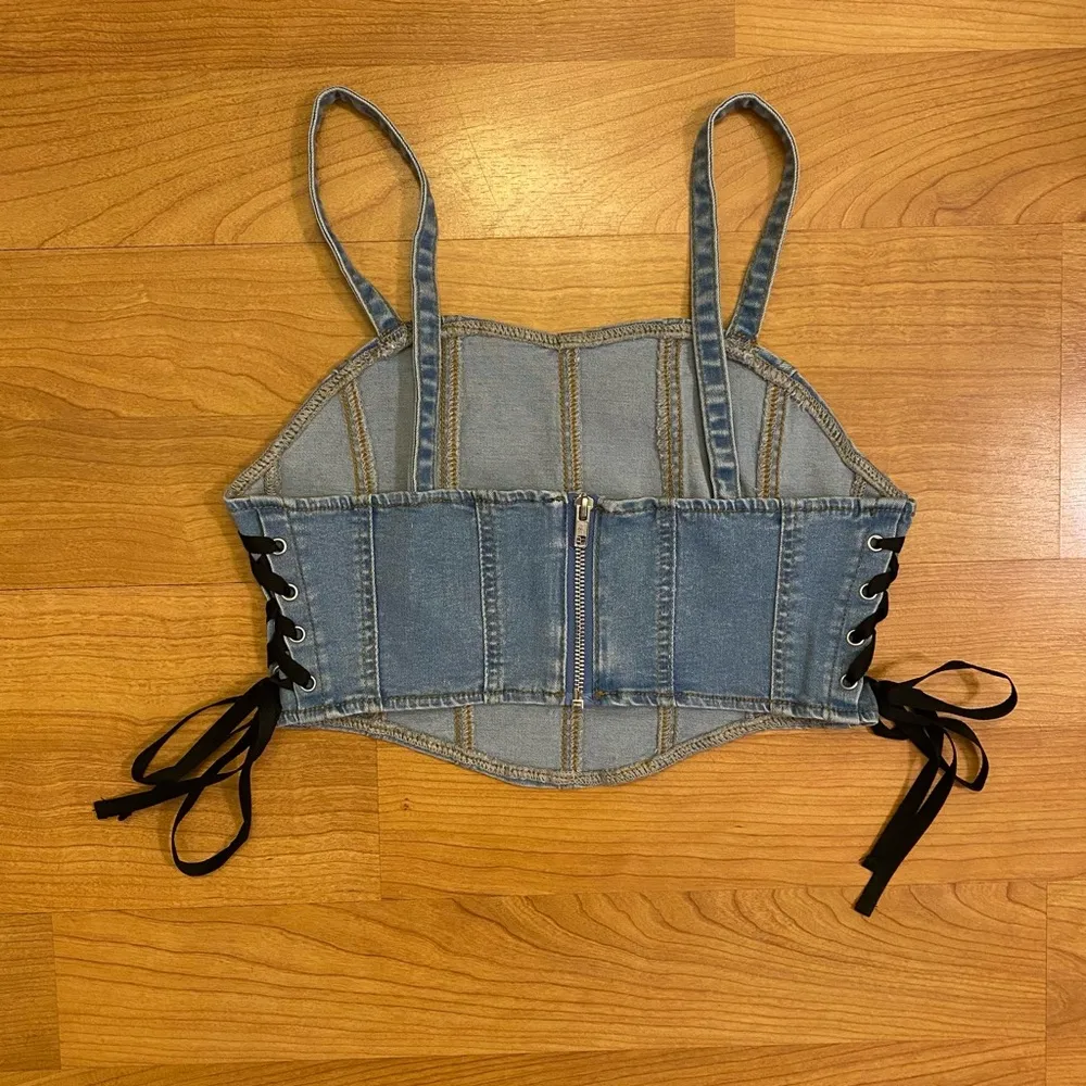 None Denim Cropped Corset Top - Image 2