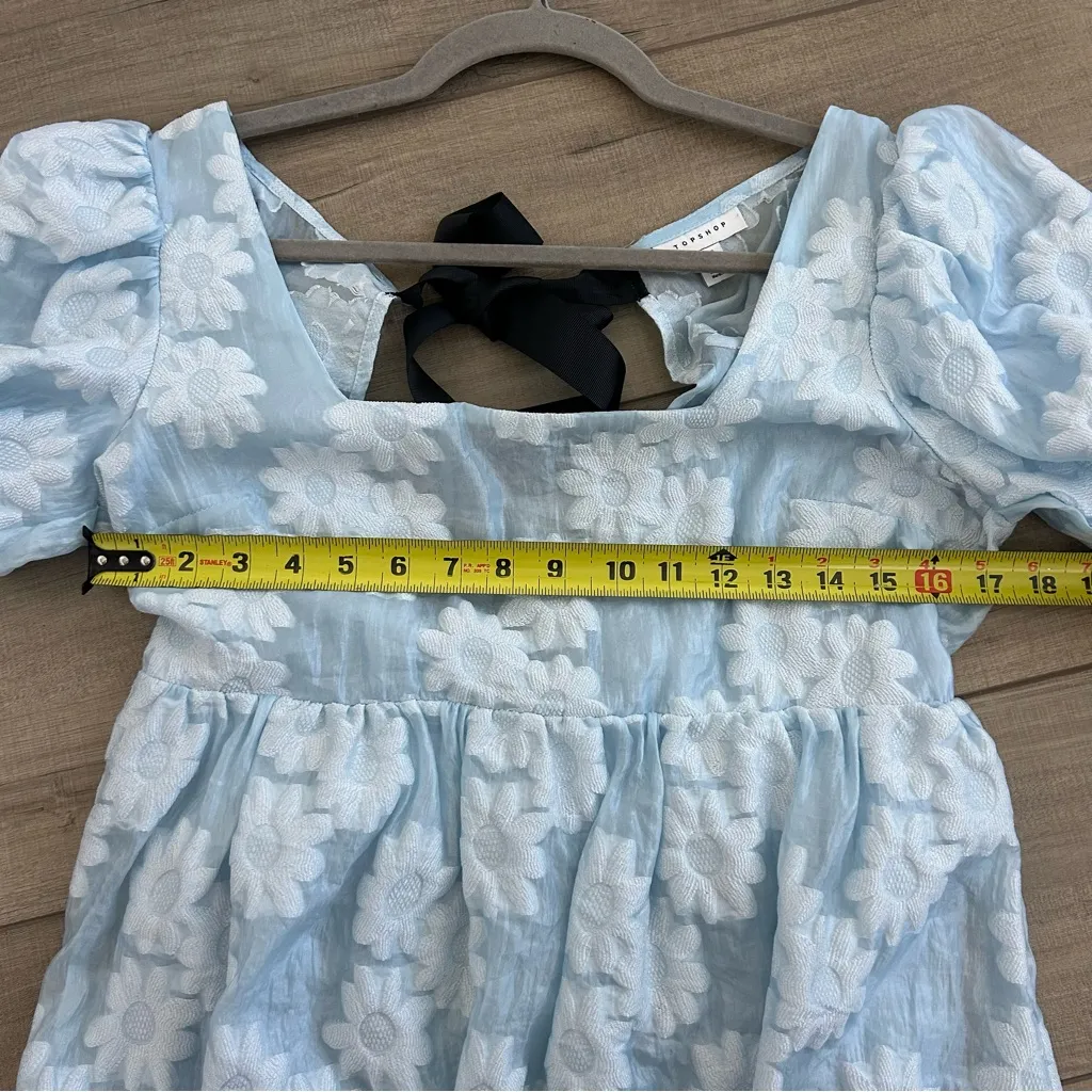 TopShop Baby Blue Floral Embossed Puff Sleeve Babydoll Mini Dress 8 - Image 10