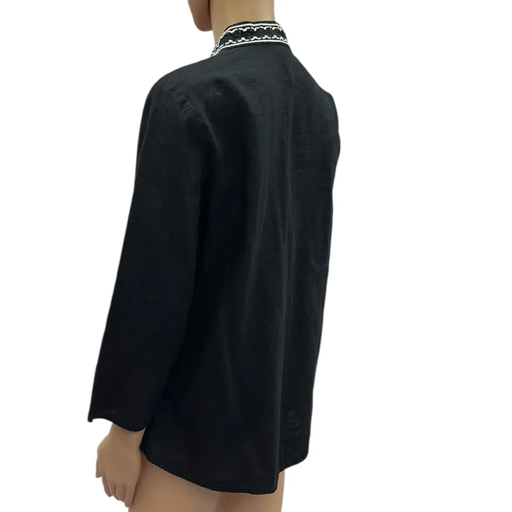 Linen Charter Club Black 3 Quarter Sleeve White Embroidered Beaded Blouse Sz 10 - Image 5
