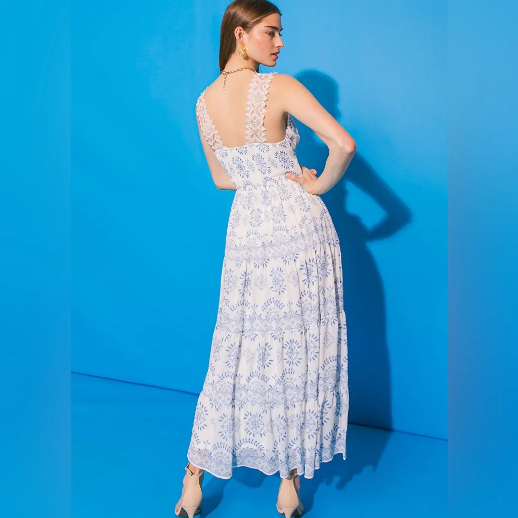 NEW Flying Tomato White Blue Lace Tiered Dress Grecian Vacation Resortwear - Image 3
