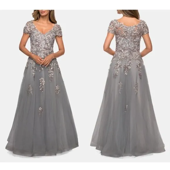 LA FEMME Beaded Lace Applique Short Sleeve A-line Gown in Gray Size US 12 - Image 2