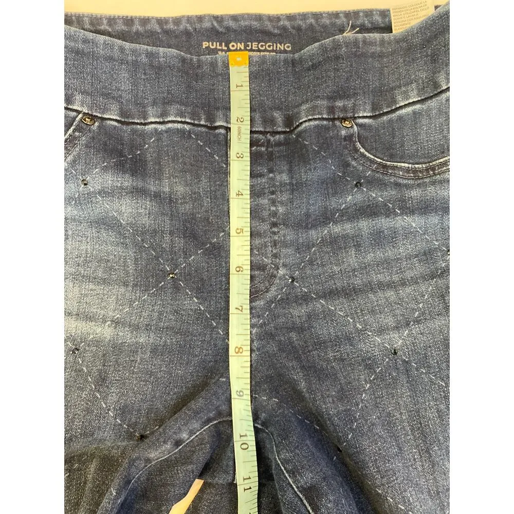Chico’s Pull On Denim Dark Blue Wash Jeggings EUC Sz 4R Rhinestones Argyle Print - Image 9