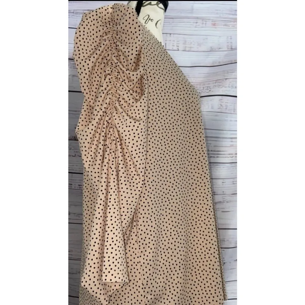 Adrianna Papell Puff Sleeve Top Womens M Black Polka Dot Ruffle Pleat Stretch - Image 2