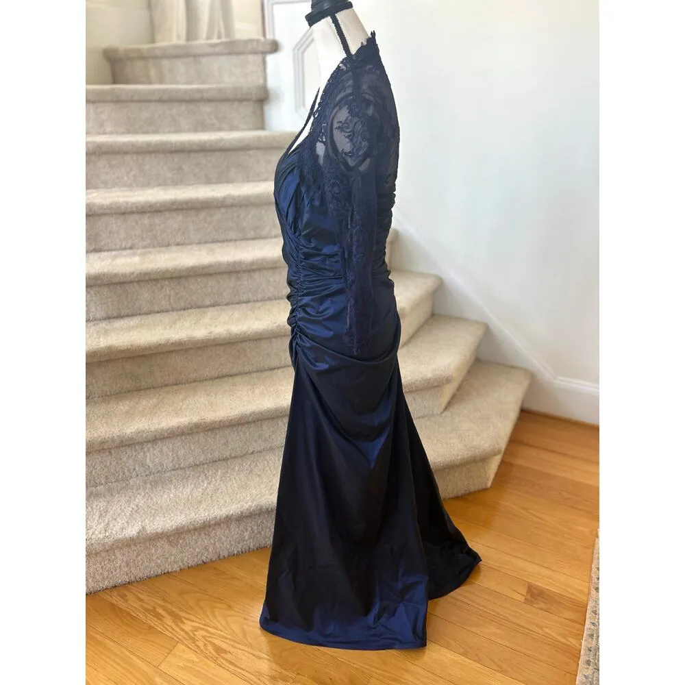 Tadashi Shoji Navy Draped Illusion Lace Sheath Gown - Image 3