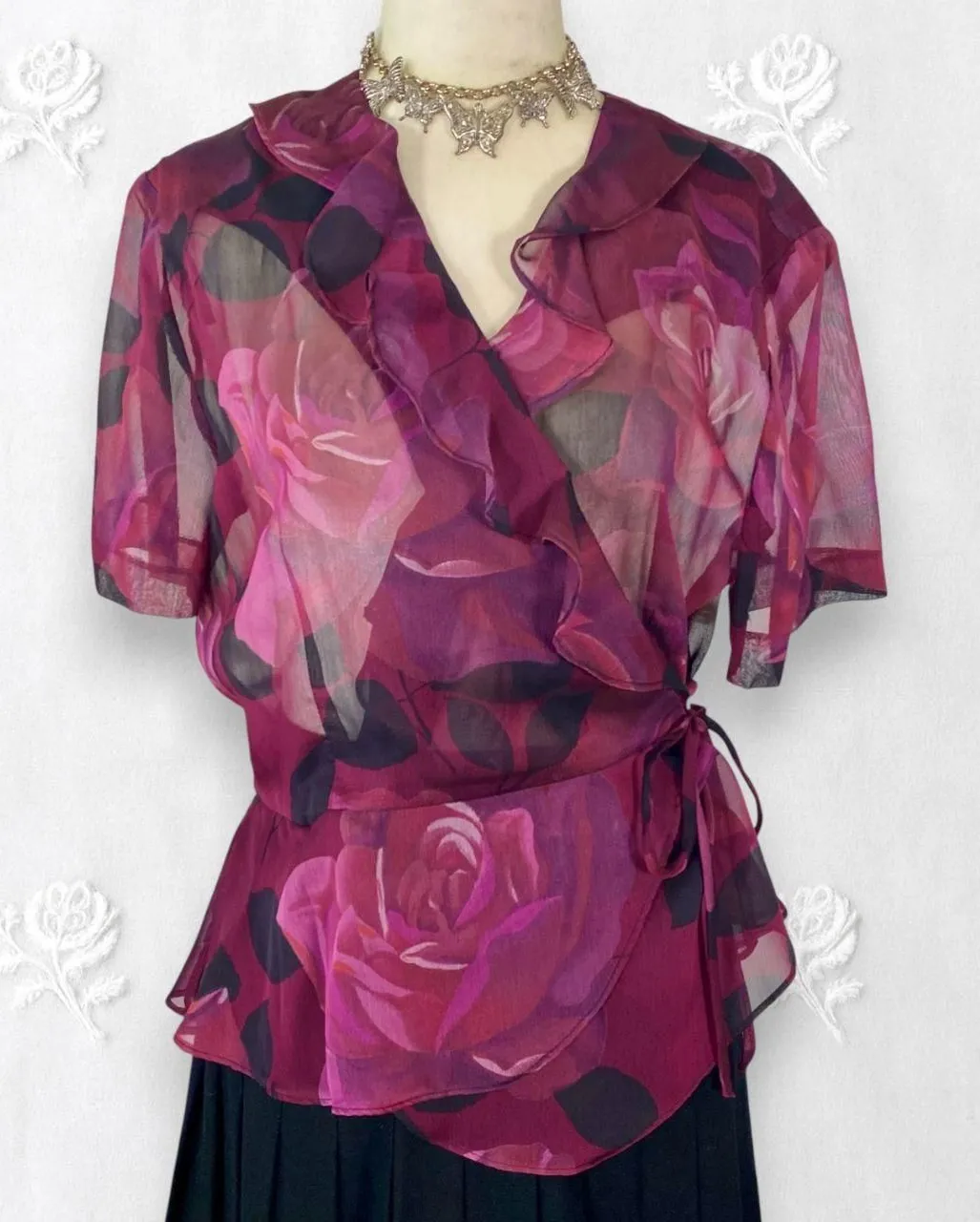 Vintage Whimsygoth Frilly Ruffle Rose Sheer Purple Black Mesh Wrap Top Blouse L Size 12P - Image 2