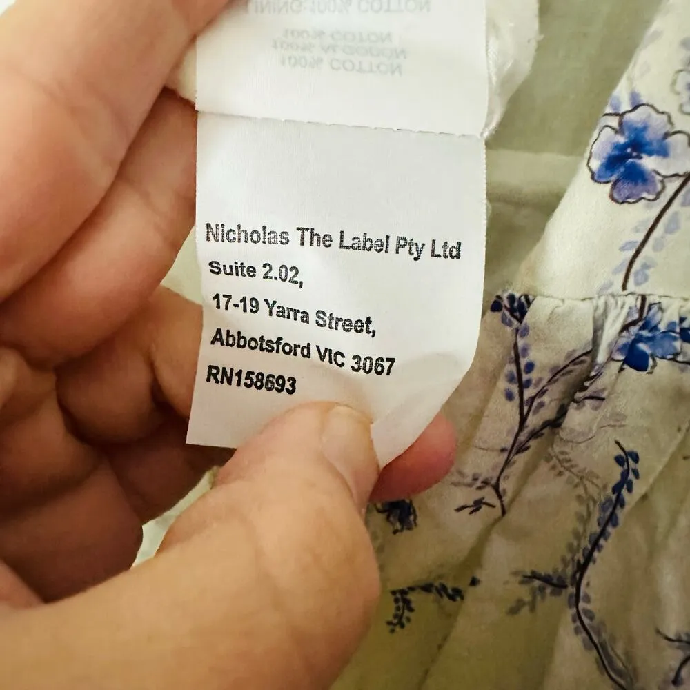 Nicholas Celie White Blue Floral Button Front Print Puff Sleeve Maxi Dress Sz 6 - Image 16