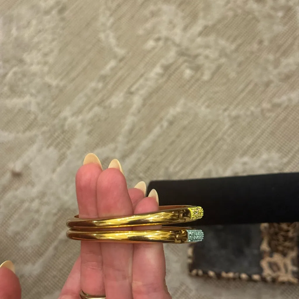 J Crew Yellow Gold Blue Gold Crystal Rhinestone Bangle Set of 2 - Image 6