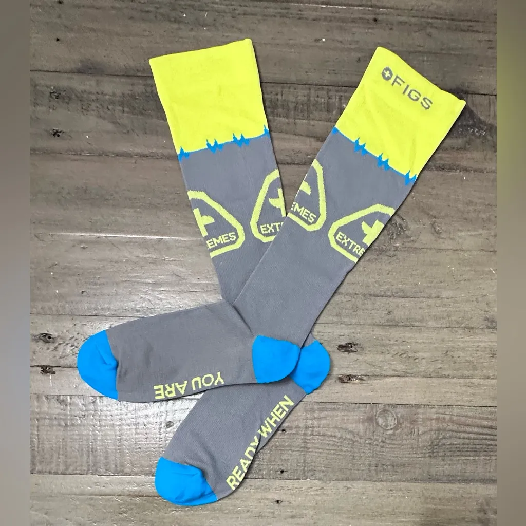 FIGS Compression Socks - Extremes Ready When You Are - Gray Yellow Aqua - Large - Image 2