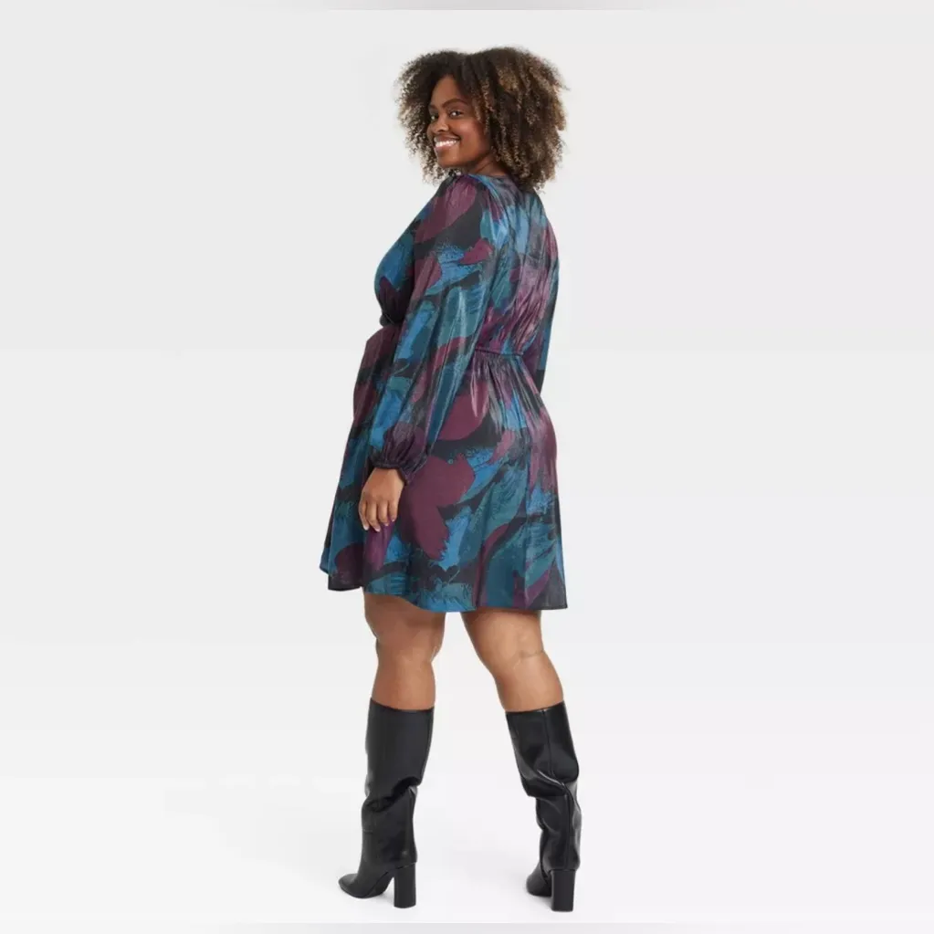 NWT Women's AVA & VIV Long Sleeve Midi Wrap Dress Burgundy Blue Black Size 2X - Image 3