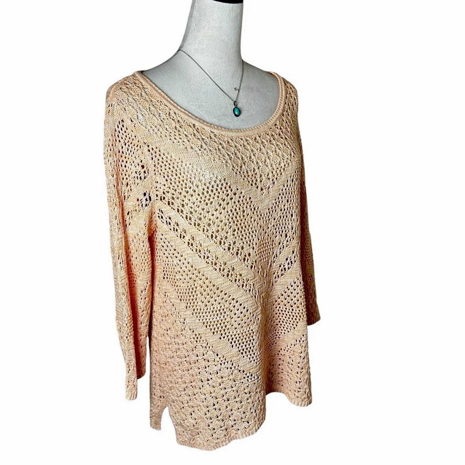 Chico's Open Knit Sweater L Peach Crochet Pullover Lightweight Boho Layering Top - Image 2