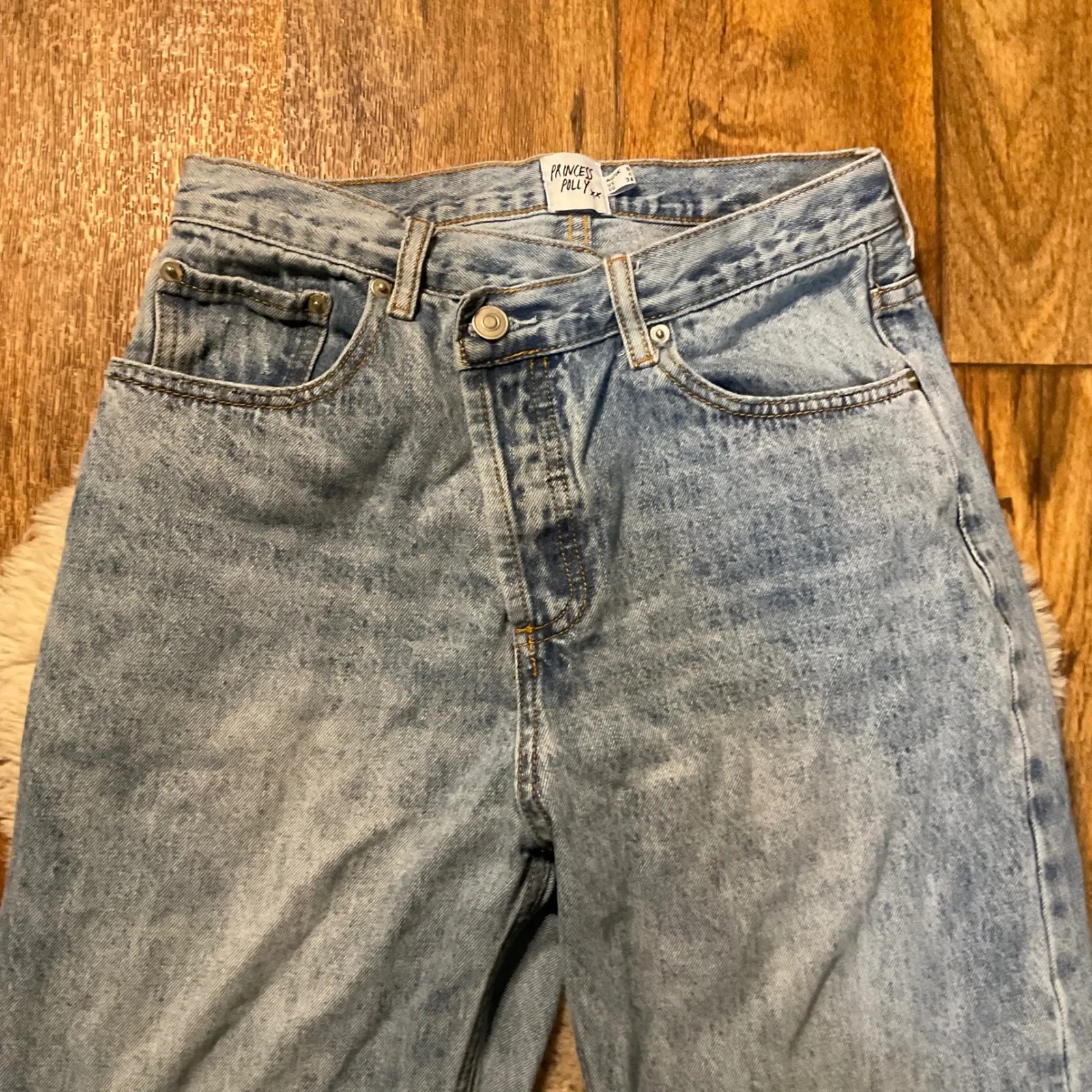 Princess Polly Denim Jeans Size 4 Light Wash Asymmetric Crossover Waist Straight - Image 2