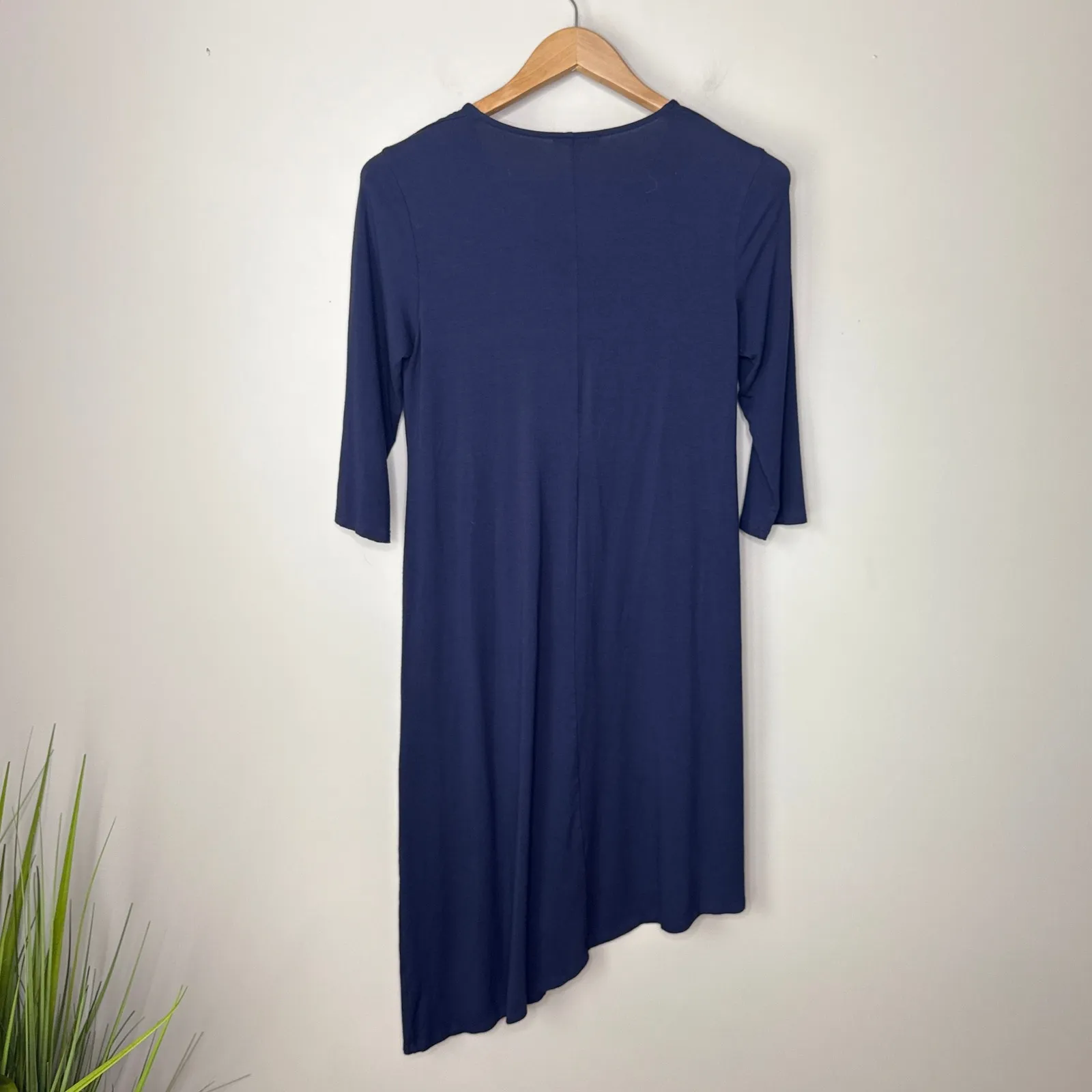 Eileen Fisher Petite Medium Navy Jersey Dress V Neck 3/4 Sleeve Asymmetrical Hem - Image 3
