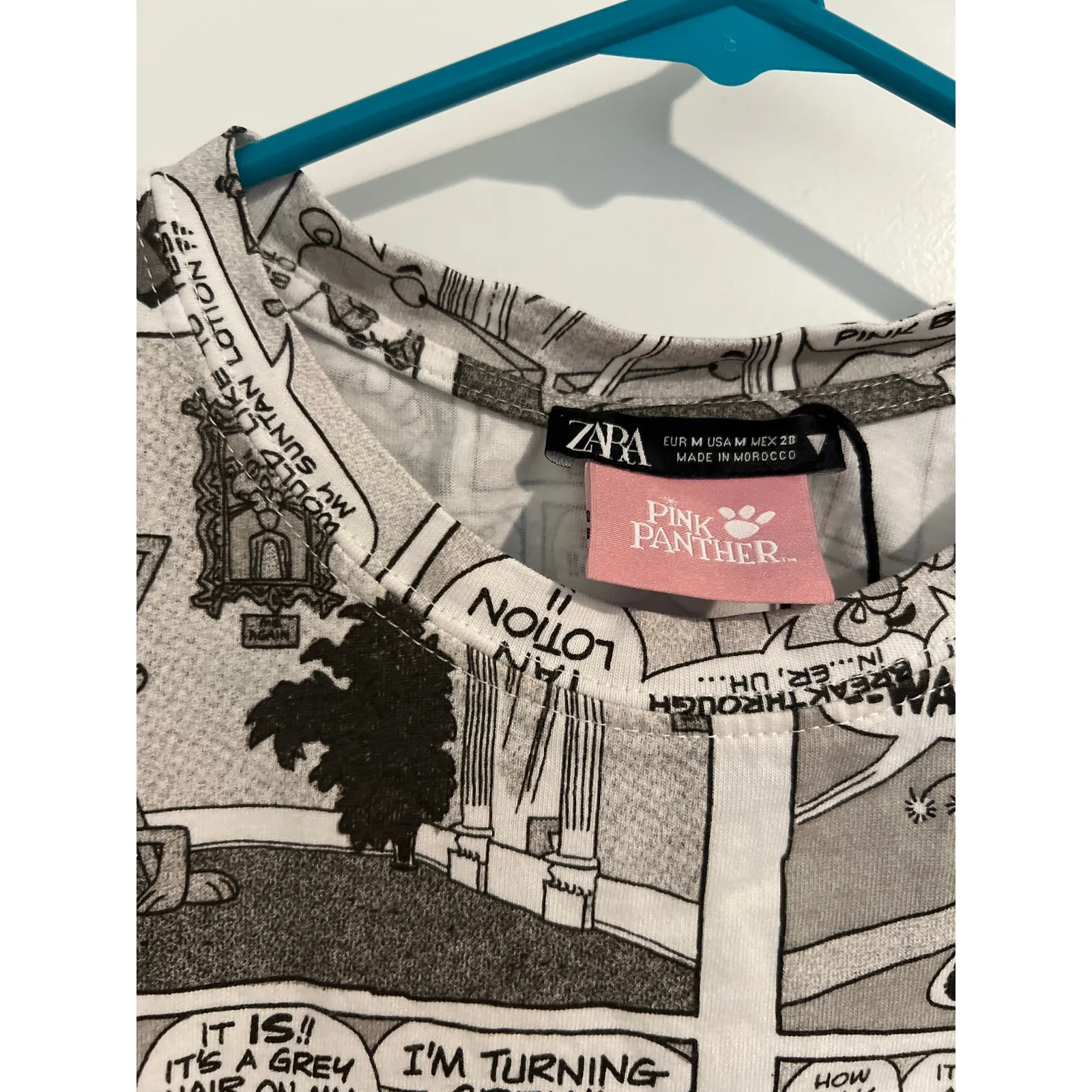 Zara MGM Pink Panther white/gray/black Comic Cotton Tee Sz mesium - Image 2
