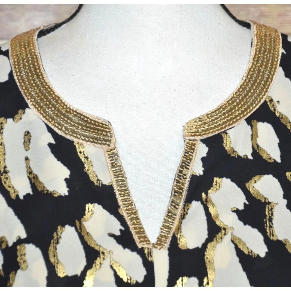 JM Collection Black Print Tunic 3/4 Sleeve V-Neck Blouse Size M Metallic Sequin - Image 3