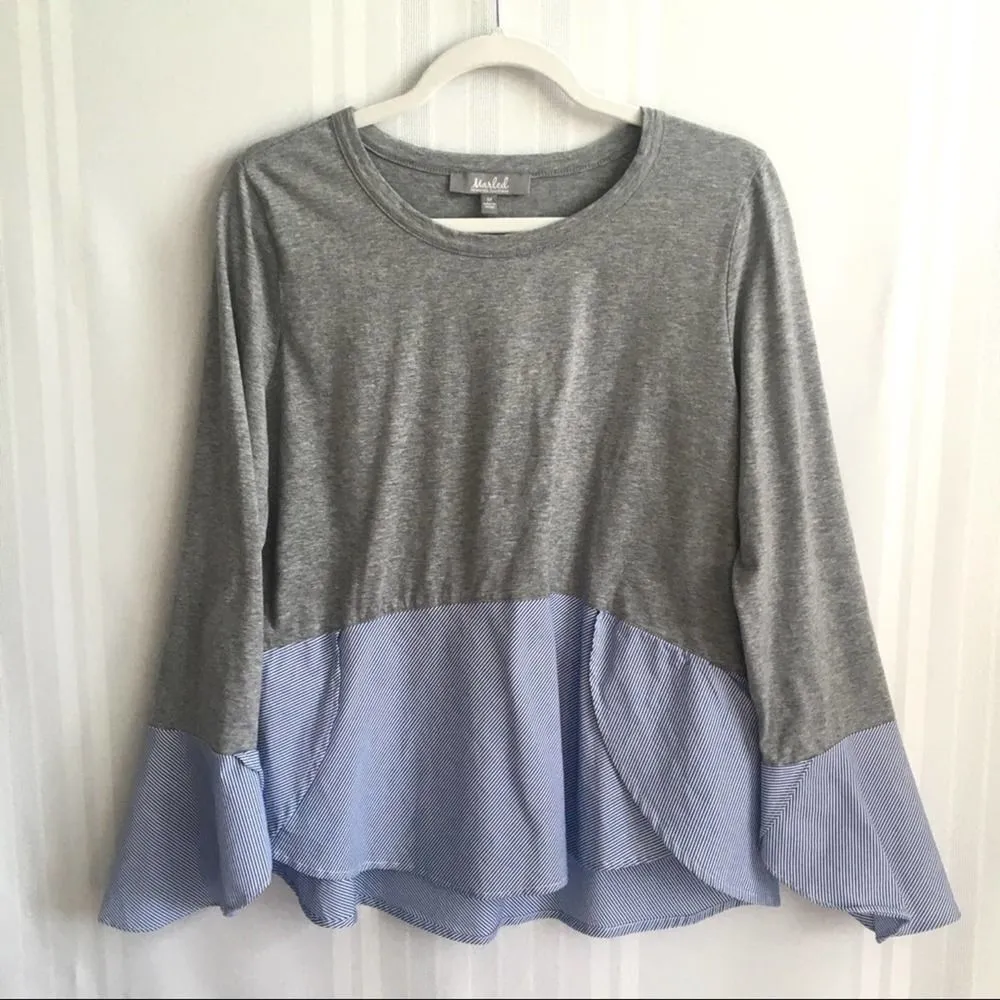 Marled Mixed Media Bell Sleeve Blouse Gray Medium Blue Pinstripe Top Cotton Gray - Image 2