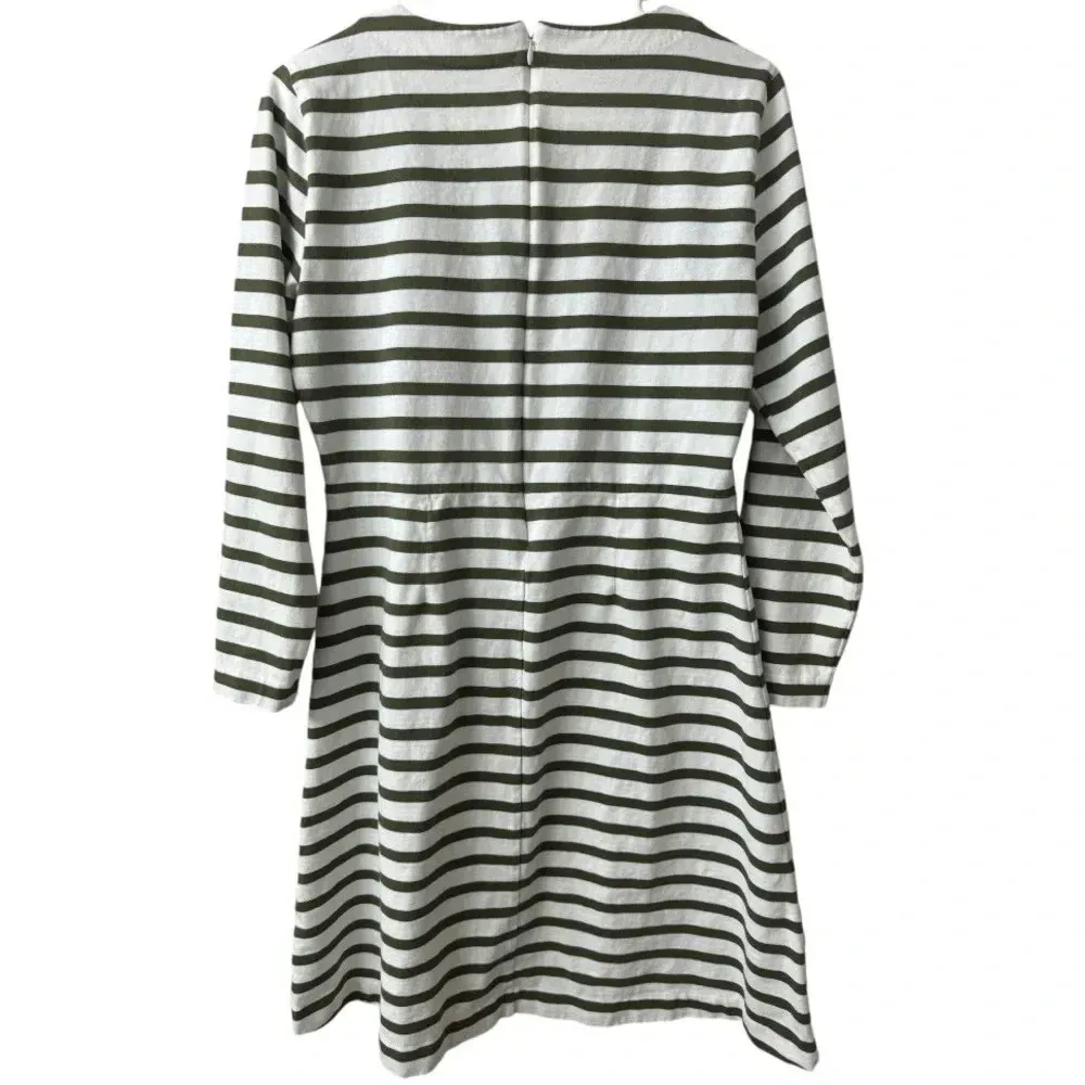 J Crew Olive Green & White Stripped Fit & Flare Long sleeve cotton Dress‎ - Image 7