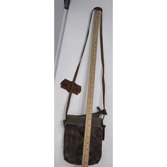 Uchi Gold Splattered Small Canvas Crossbody Equestrian Boho Vintage Wear Purse Brown - Image 15