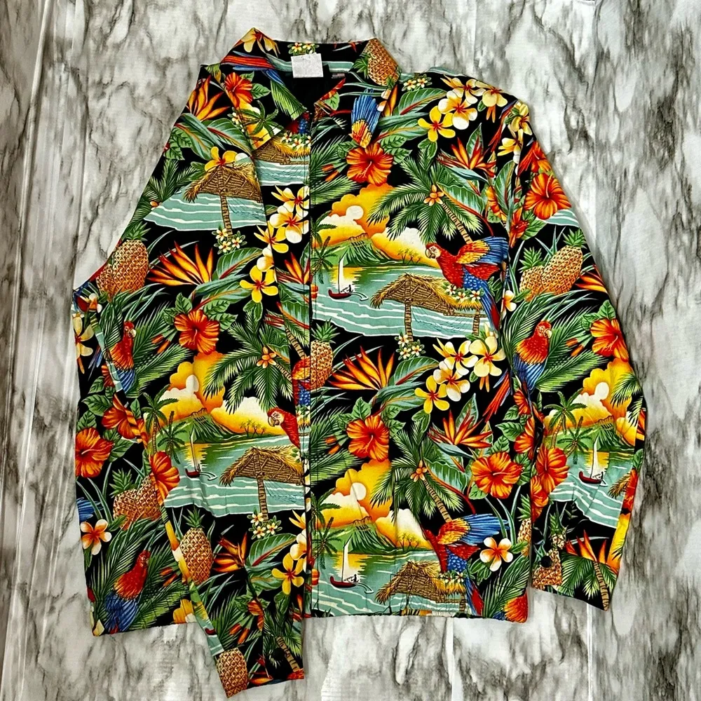 Surf Crush Tiki Vtg Sz S Hawaiian Print Zip Up Jacket CB Casual Macaw Tropical Red - Image 2