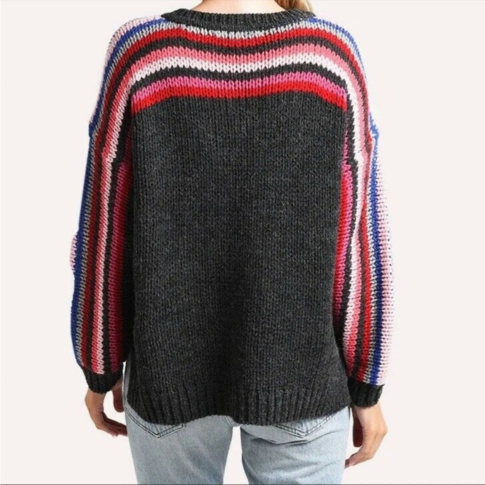 Xirena Teton Apres Ski gray knit striped high low sweater - Image 5