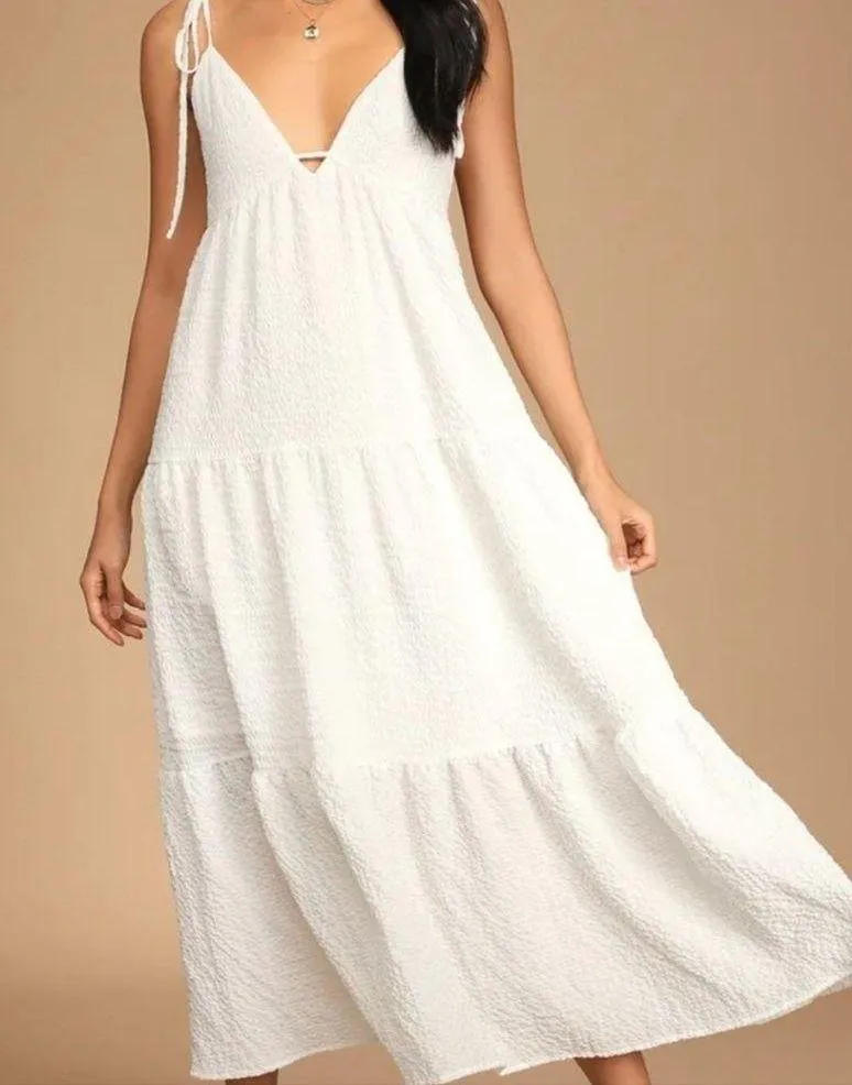 Lulus Let the Sun Beam White Tie-Strap Tiered Pocket Midi Dress - Image 2