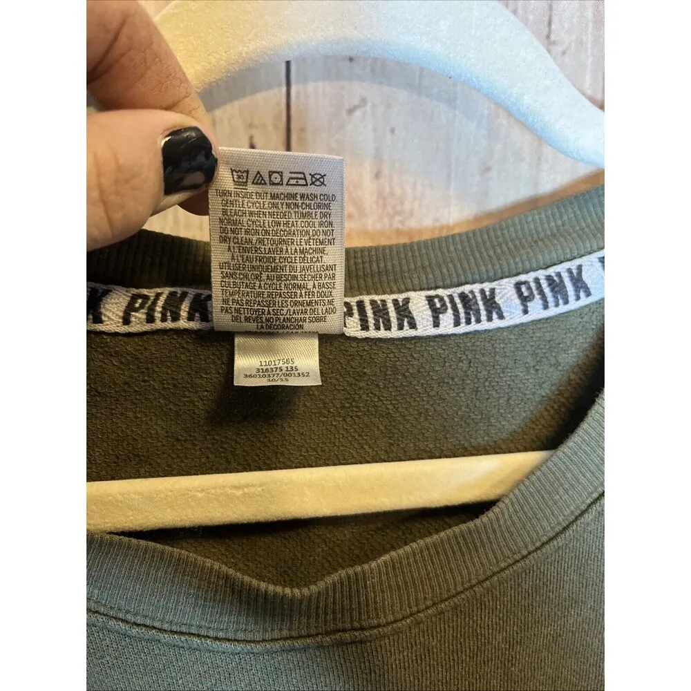 Pink Victoria's Secret Women's Olive Green Sweatshirt Size Medium Long Sleeve - Image 4