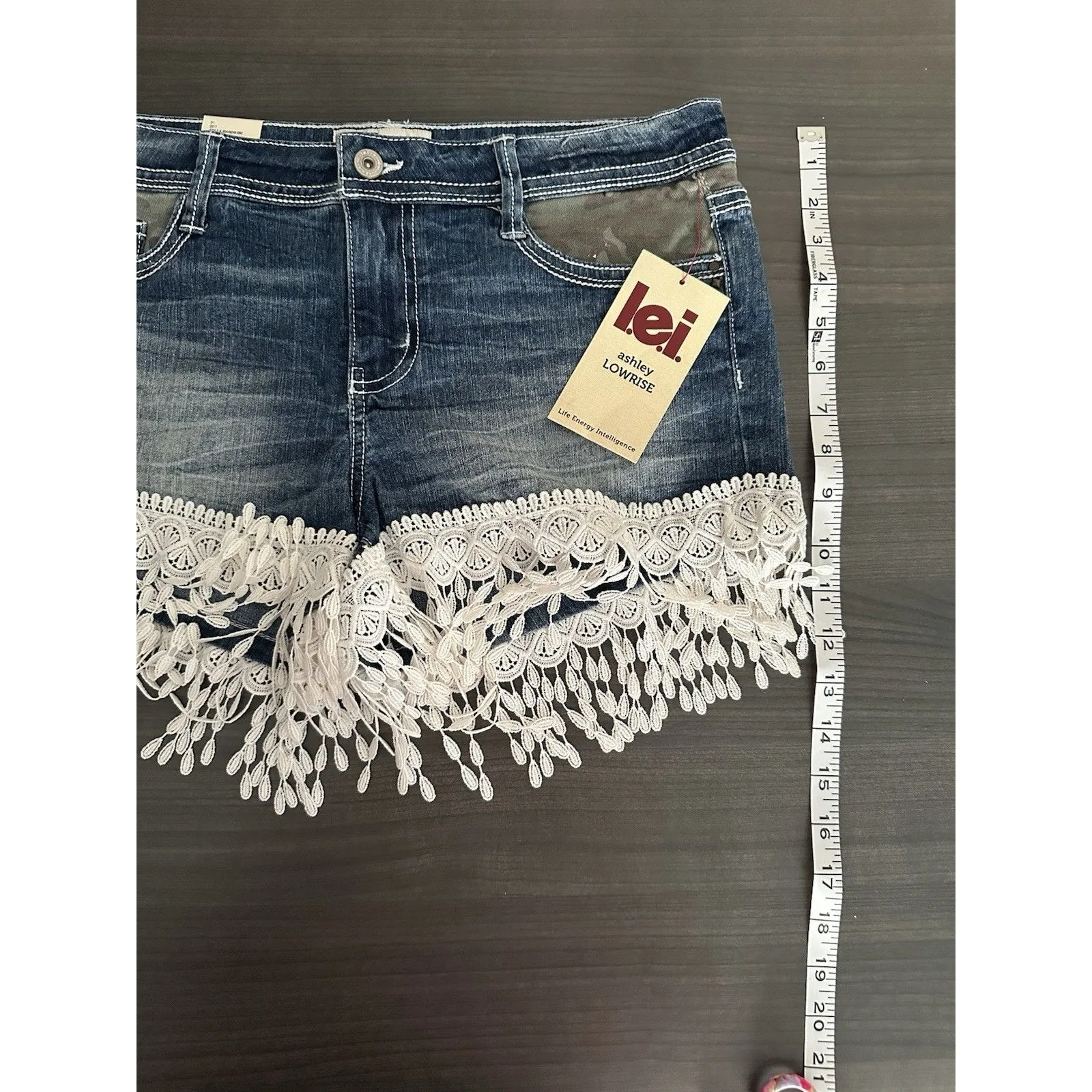 Vintage Lei Womens Size 11 Jean Shorts Boho Festival Camo Fringe‎ Bollywood NWT - Image 5