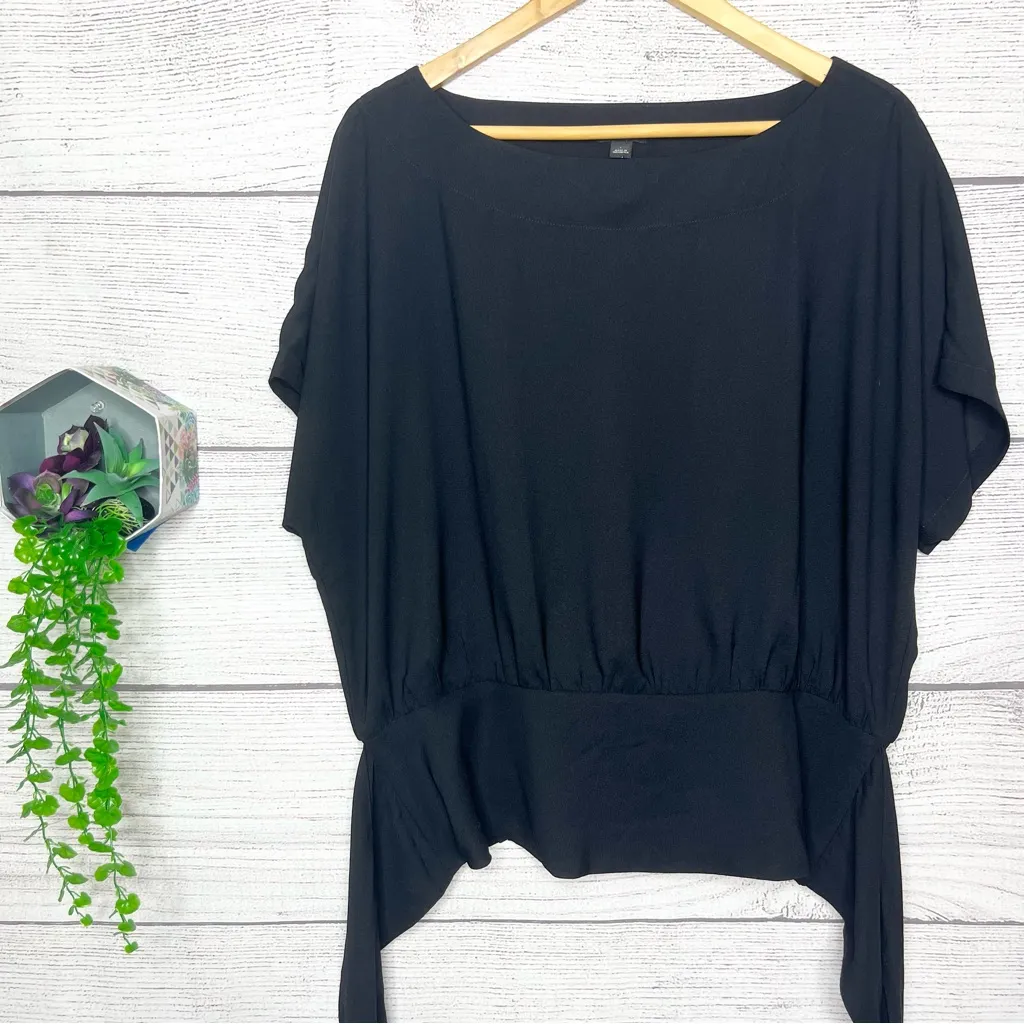 Ann Taylor Black Boatneck Dolman Sleeve Smocked Waist Tie Back Top Size Large - Image 3