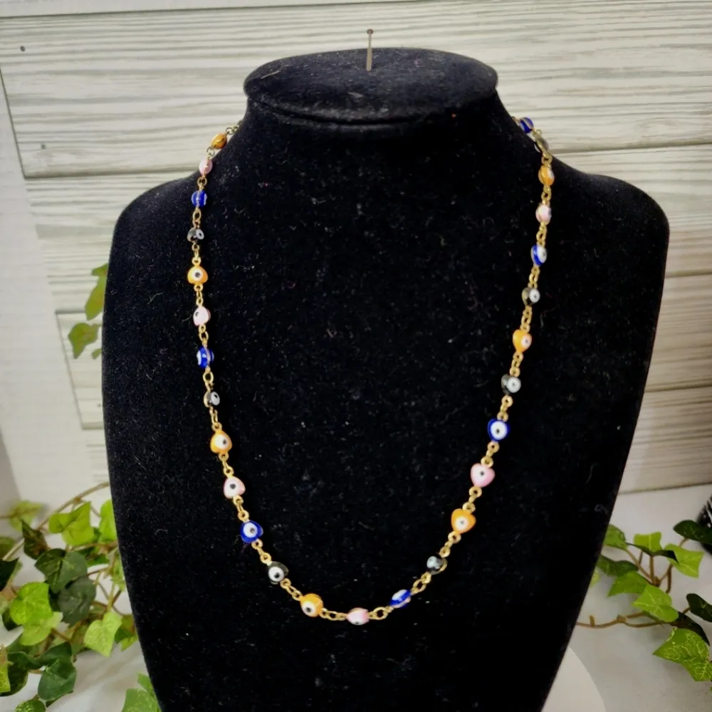 Gold Multi Color Enamel Evil Eye Heart Chain Necklace - Image 2
