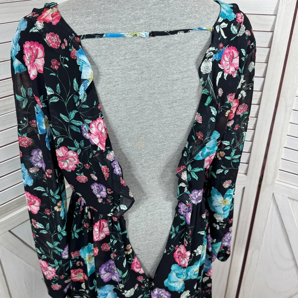 Express Floral V Neck Ruffle Trim Chiffon Skater Mini Dress Black Multi 8 - Image 8