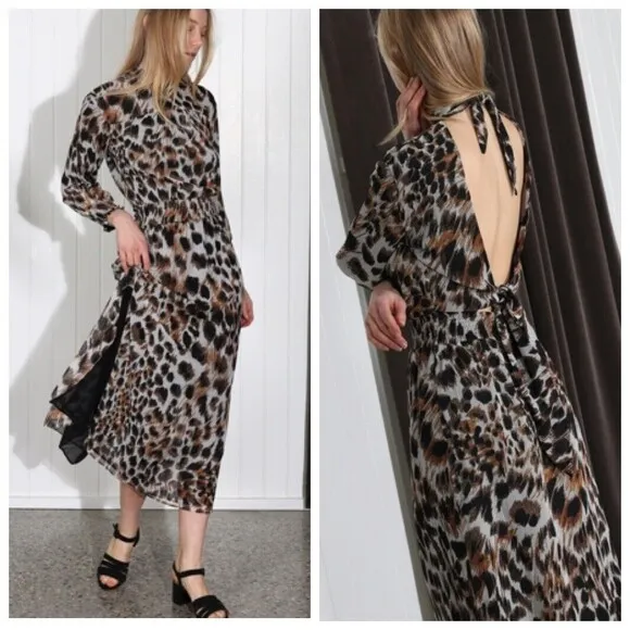 Nanushka Tami Open Back Peasant Midi Dress Ocelot Print Visit Women’s Size Large Brown - Image 2